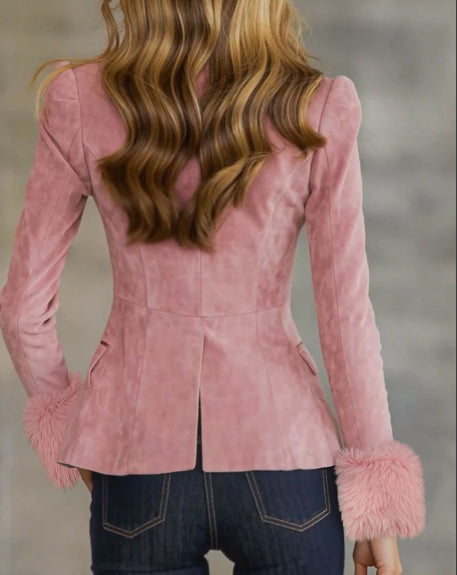 Lapel Multi-button Faux Suede And Fur Blazer